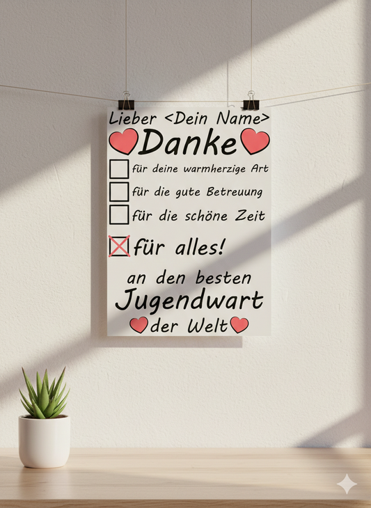 Personalisiertes A3 Poster für Jugendwart mit Namen. Fine-Art-Print als herzliches Dankeschön der Jugendfeuerweh