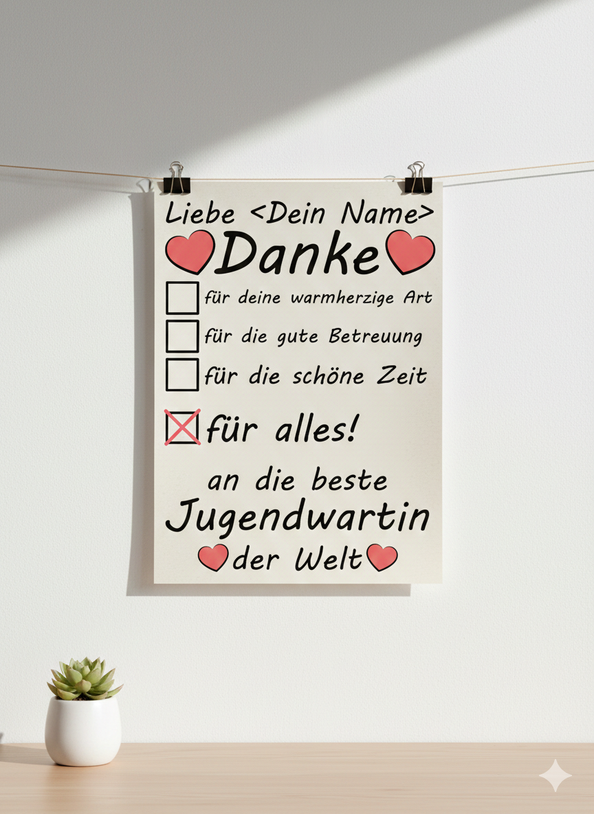 Personalisiertes A3 Poster für Jugendwartin mit Namen. Fine-Art-Print als herzliches Danke sagen der Jugendarbeit