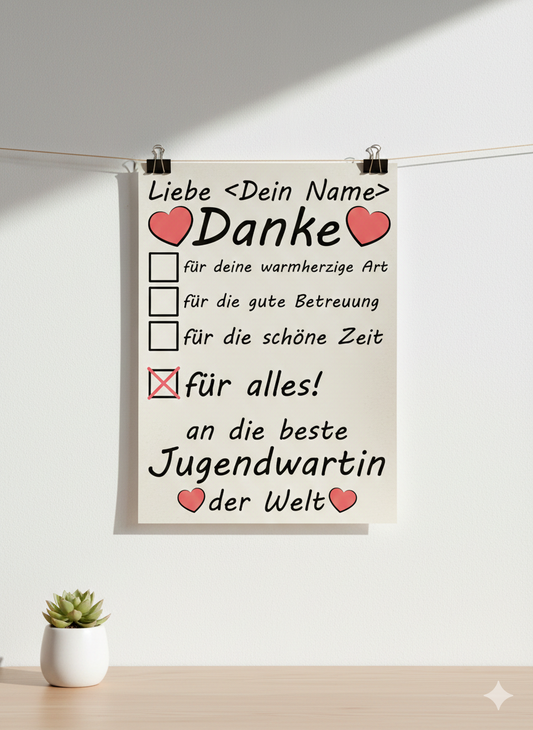 Personalisiertes A3 Poster für Jugendwartin mit Namen. Fine-Art-Print als herzliches Danke sagen der Jugendarbeit
