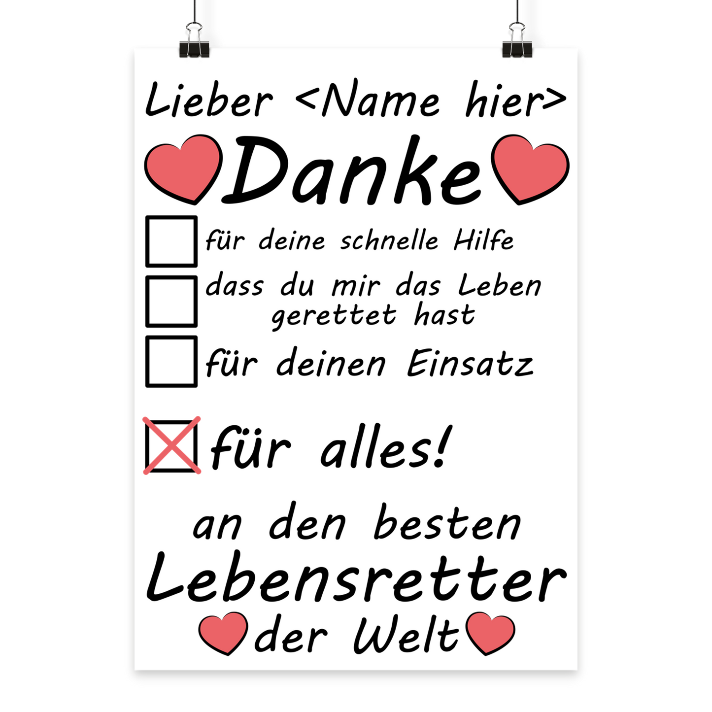 Personalisiertes A3 Poster für Lebensretter mit Name. Fine-Art-Print als herzliches Dankeschön-Geschenk zum Abschied.