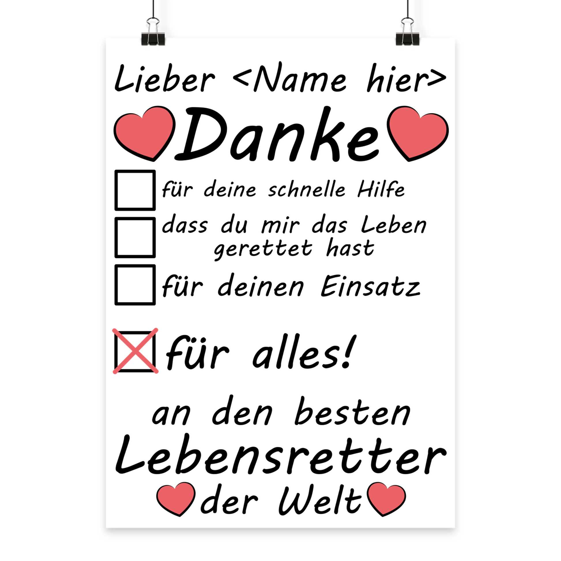 Personalisiertes A3 Poster für Lebensretter mit Name. Fine-Art-Print als herzliches Dankeschön-Geschenk zum Abschied.