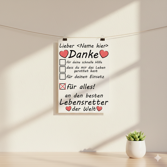 Personalisiertes A3 Poster für Lebensretter mit Name. Fine-Art-Print als herzliches Danke-Geschenk zum Abschied.