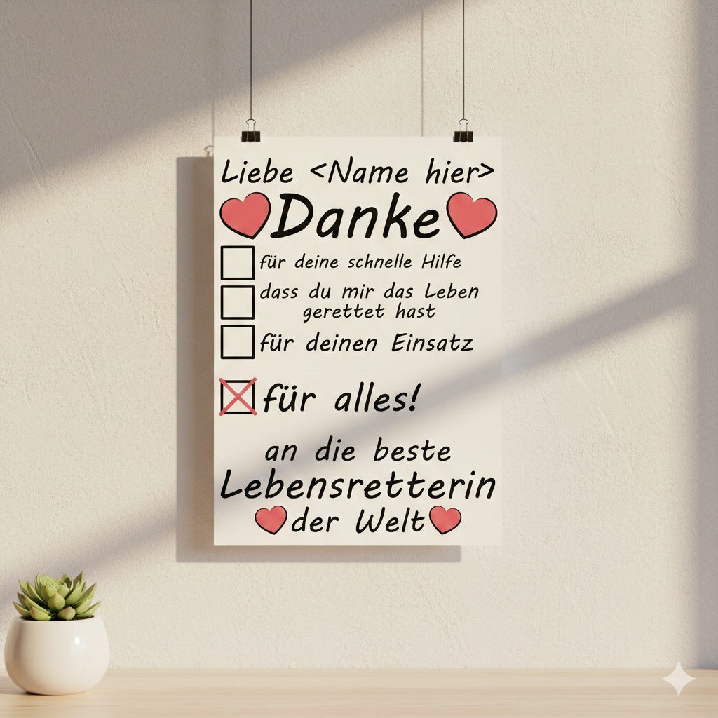 Personalisiertes A3 Poster für Lebensretterinnen zum Danke sagen. Fine-Art-Print mit Wunschnamen als herzliches Dankeschön.