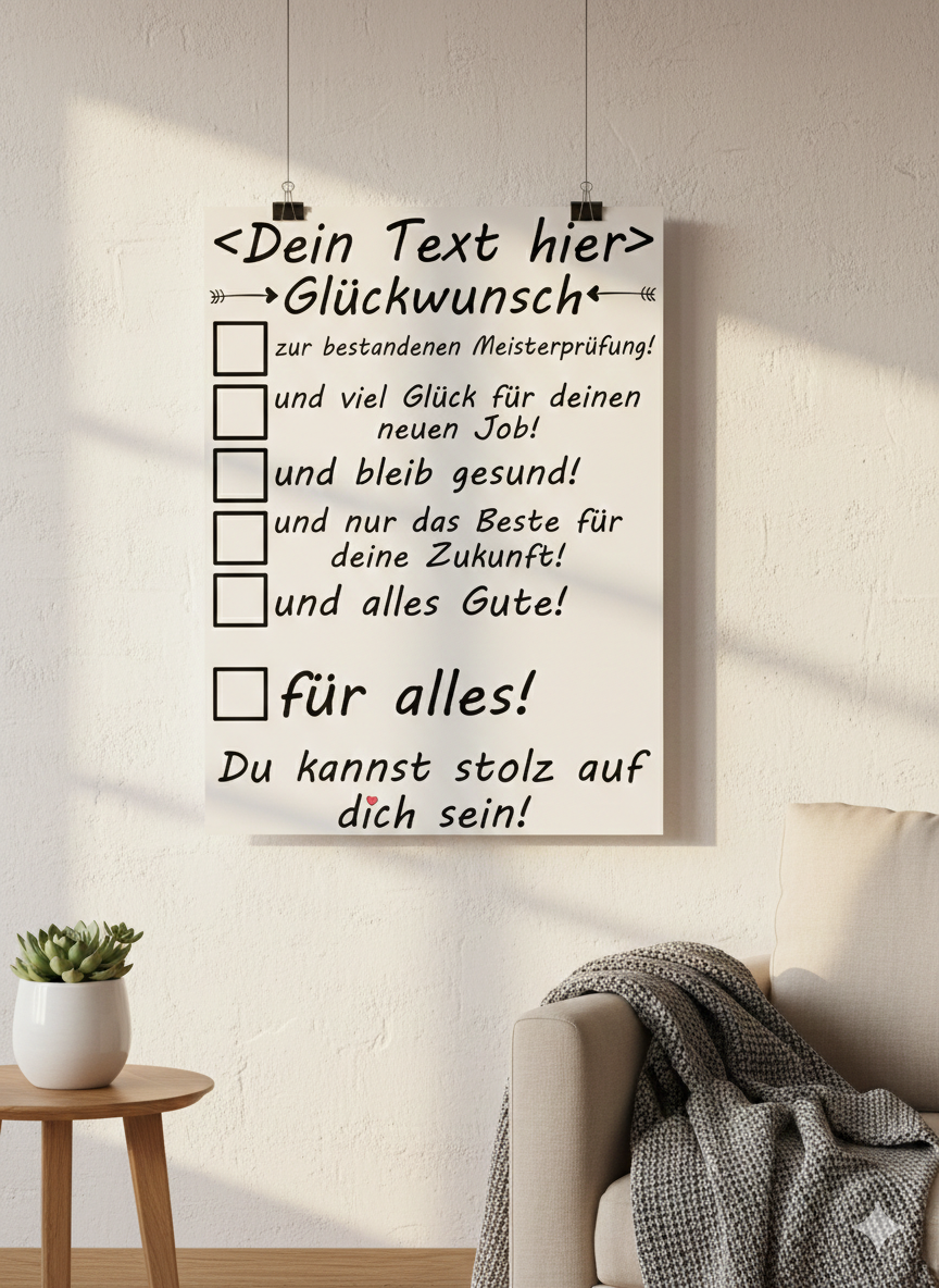 Personalisiertes Poster zur bestandenen Meisterpruefung als Geschenk fuer Handwerksmeister im Format DIN A3 mit Fine-Art-Print Qualitaet