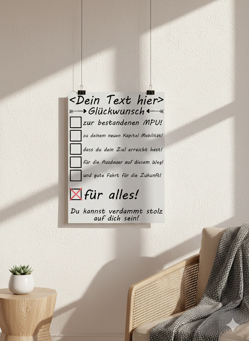 Personalisiertes Poster zur bestandenen MPU mit individuellem Glueckwunsch und Wunschtext in DIN A3 Galeriequalitaet
