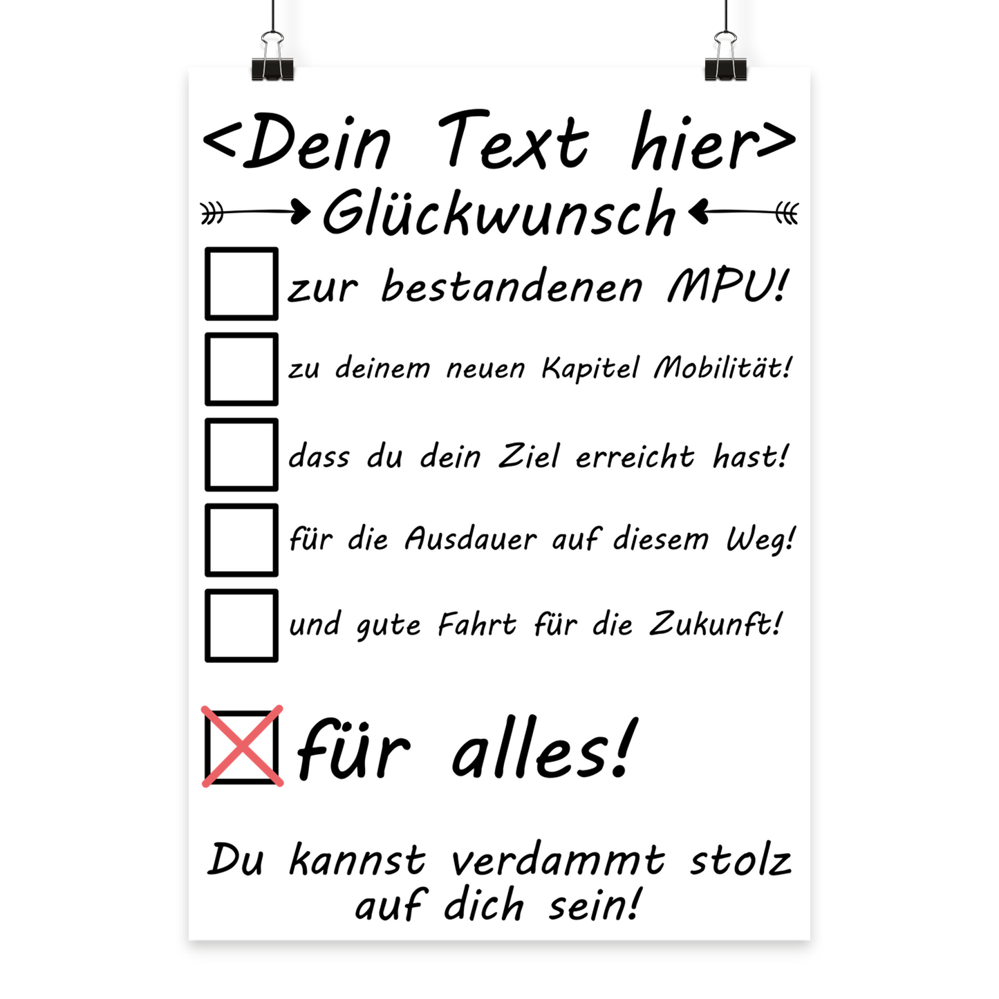Hochwertiges Poster fuer bestandene MPU mit personalisiertem Text als motivierendes Geschenk in Premium-Druckqualitaet
