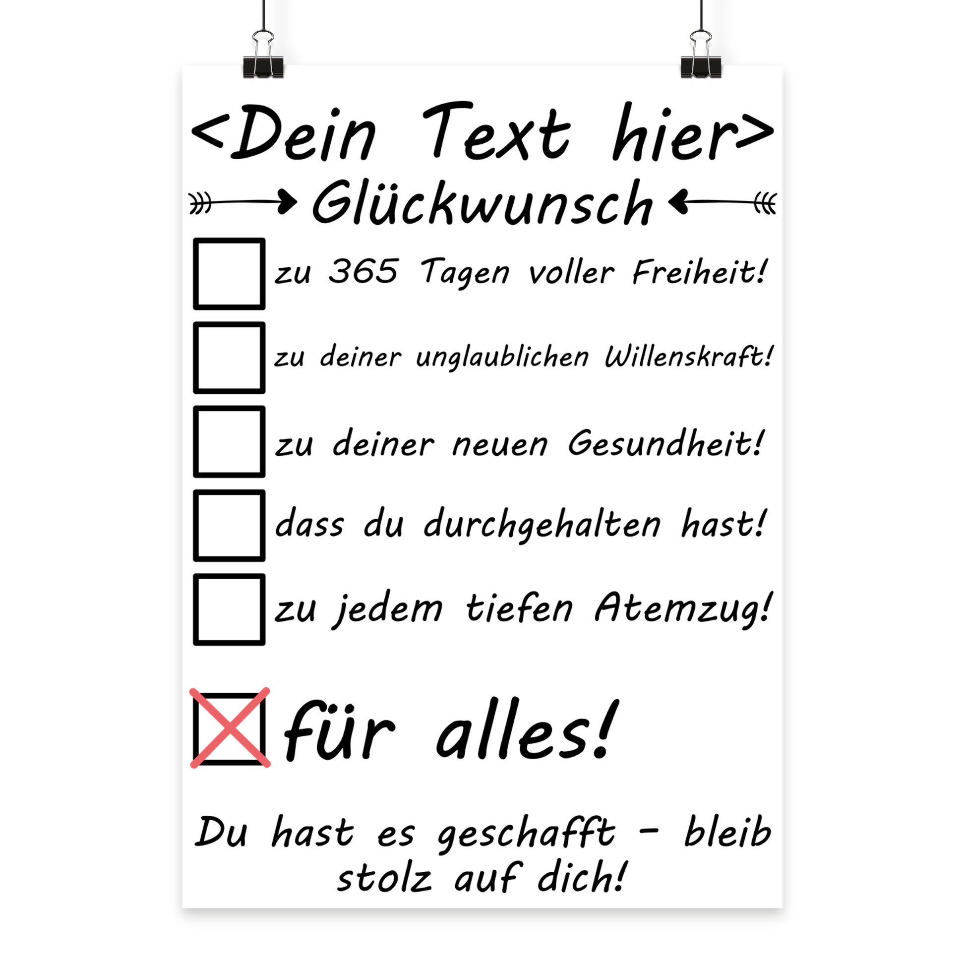 Hochwertiges Poster zum ersten rauchfreien Jahr mit personalisiertem Namen als motivierendes Geschenk in Premium-Druck
