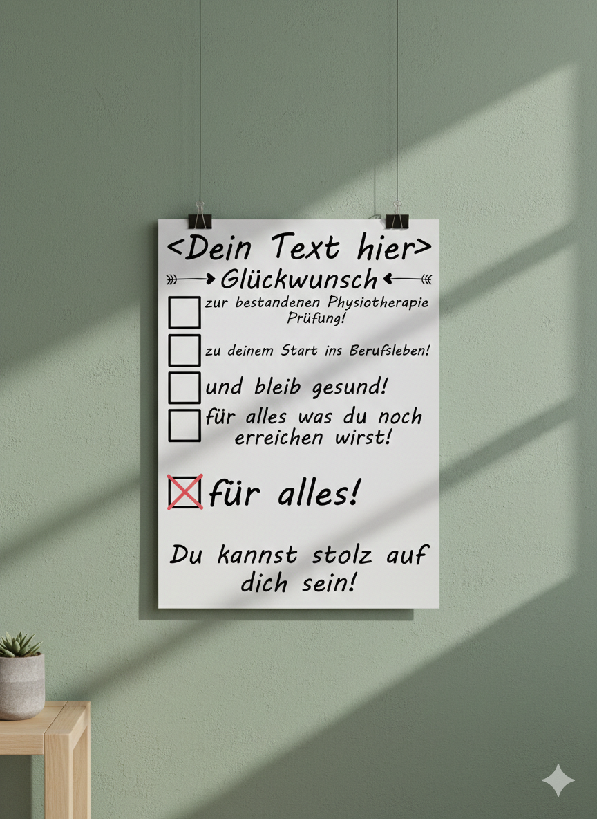 Personalisiertes Poster fuer Physiotherapeuten zum bestandenen Examen, DIN A3 Galeriedruck mit Wunschname, Geschenk zum Abschluss