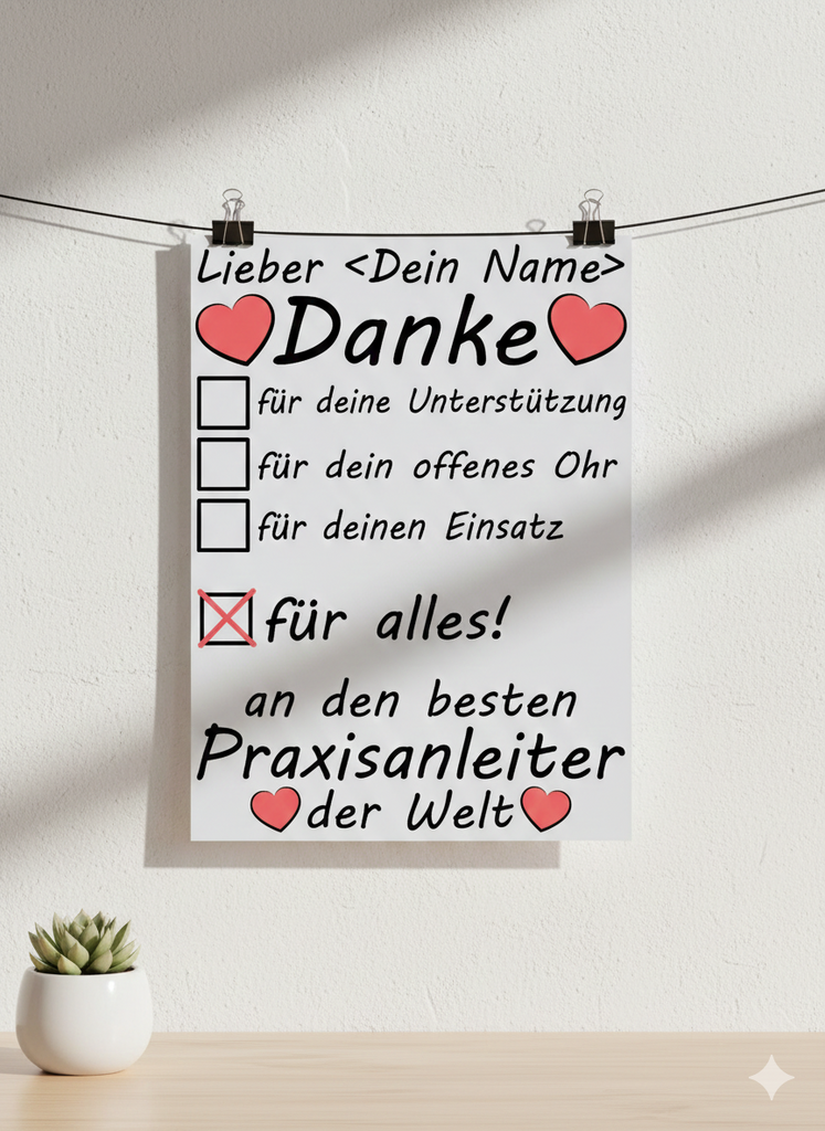 Personalisiertes A3 Poster für Praxisanleiter mit Namen. Fine-Art-Print als herzliches Dankeschön nach der Pfkege Ausbildung.