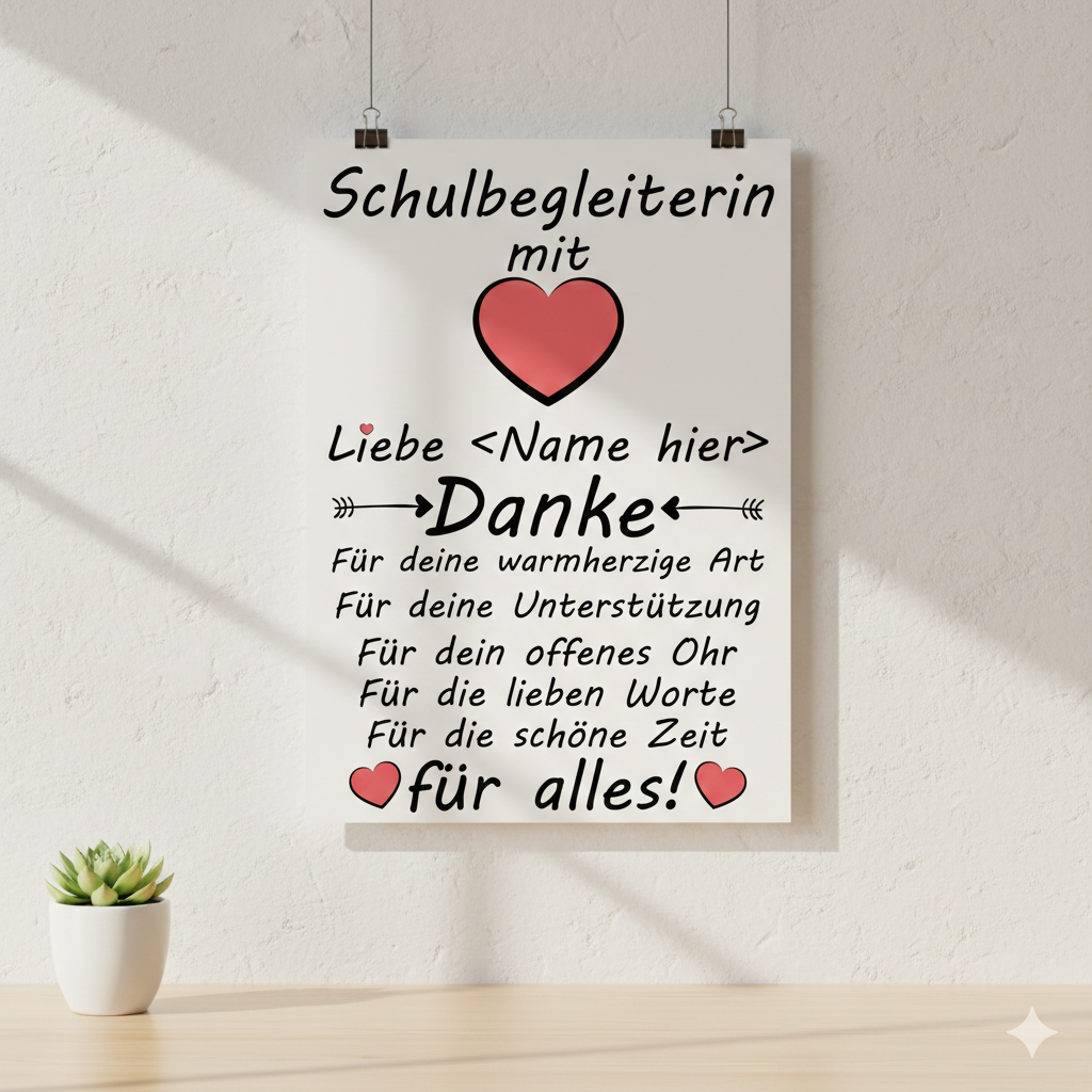 Personalisiertes A3 Poster für Schulbegleiterin zum Abschied. Fine-Art-Print mit Wunschnamen als herzliches Abschiedsgeschenk