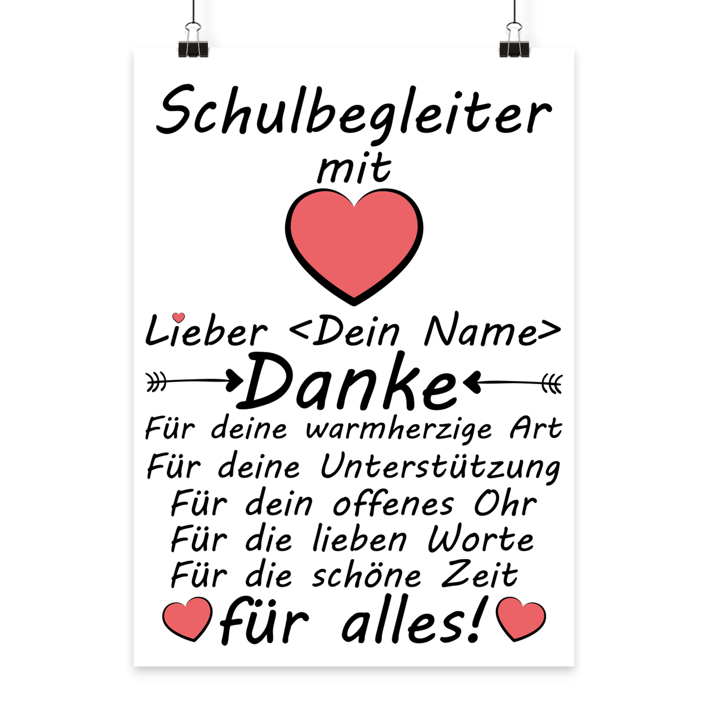 Personalisiertes A3 Poster für Schulbegleiterin zum Abschied. Fine-Art-Print mit Wunschnamen als herzliches Dankeschön.
