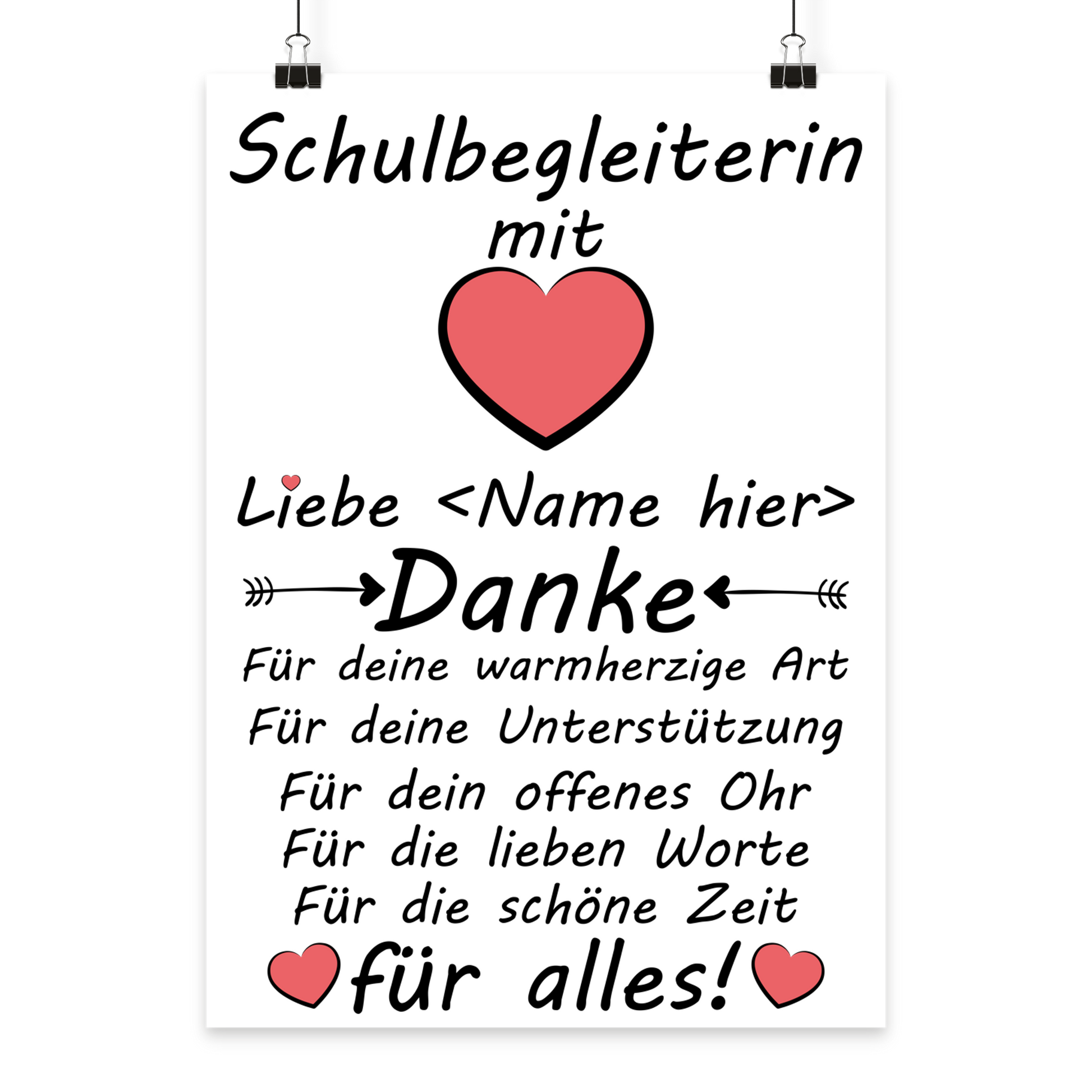 Personalisiertes A3 Poster für Schulbegleiterin zum Abschied. Fine-Art-Print mit Wunschnamen als herzliches Dankeschön