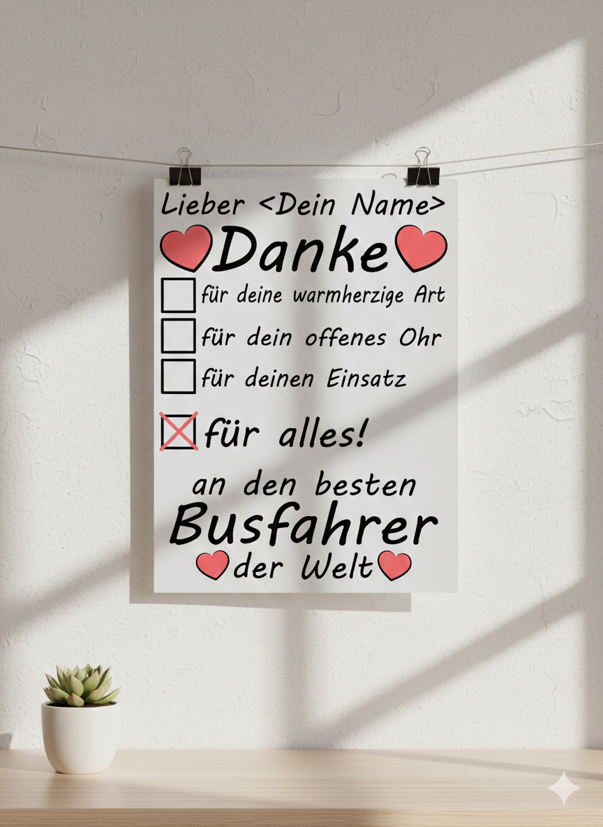 Personalisiertes A3 Poster für Schulbusfahrer mit Namen. Fine-Art-Print als Dankeschön-Geschenk von Schülern und Eltern