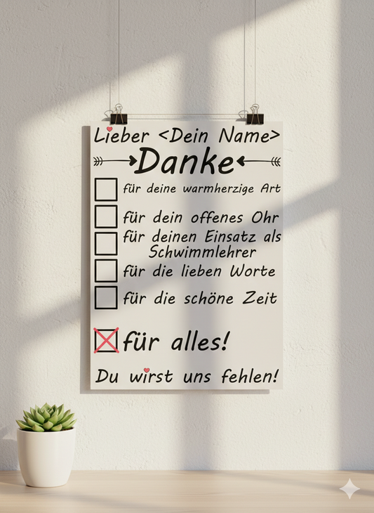 Personalisiertes A3 Poster für Schwimmlehrer mit Namen. Fine-Art-Print als herzliches Dankeschön zum Kursabschluss