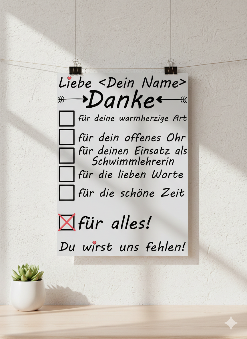 Personalisiertes A3 Poster für Schwimmlehrerin mit Namen. Fine-Art-Print als herzliches Dankeschön als Abschiedsgeschenk