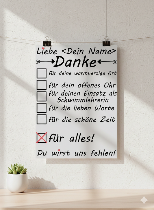Personalisiertes A3 Poster für Schwimmlehrerin mit Namen. Fine-Art-Print als herzliches Dankeschön als Abschiedsgeschenk