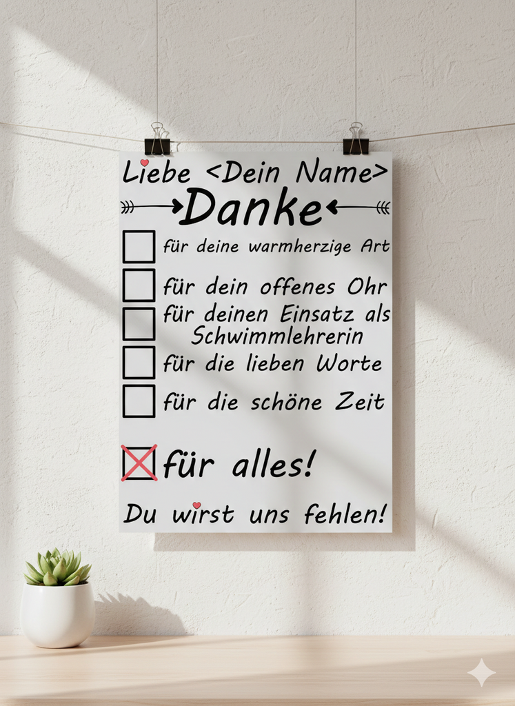Personalisiertes A3 Poster für Schwimmlehrerin mit Namen. Fine-Art-Print als herzliches Dankeschön als Abschiedsgeschenk