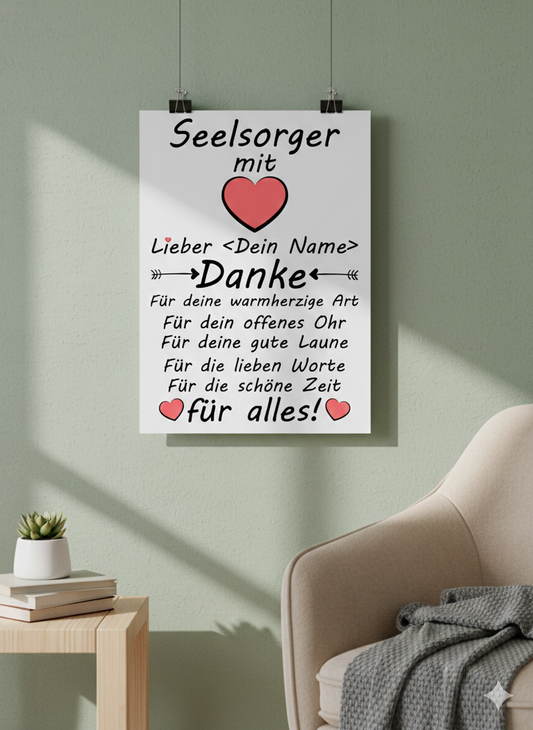  Personalisiertes Danke-Poster fuer Seelsorger mit Wunschname, DIN A3 Galeriequalitaet, Geschenk zur Wertschaetzung und Anerkennung