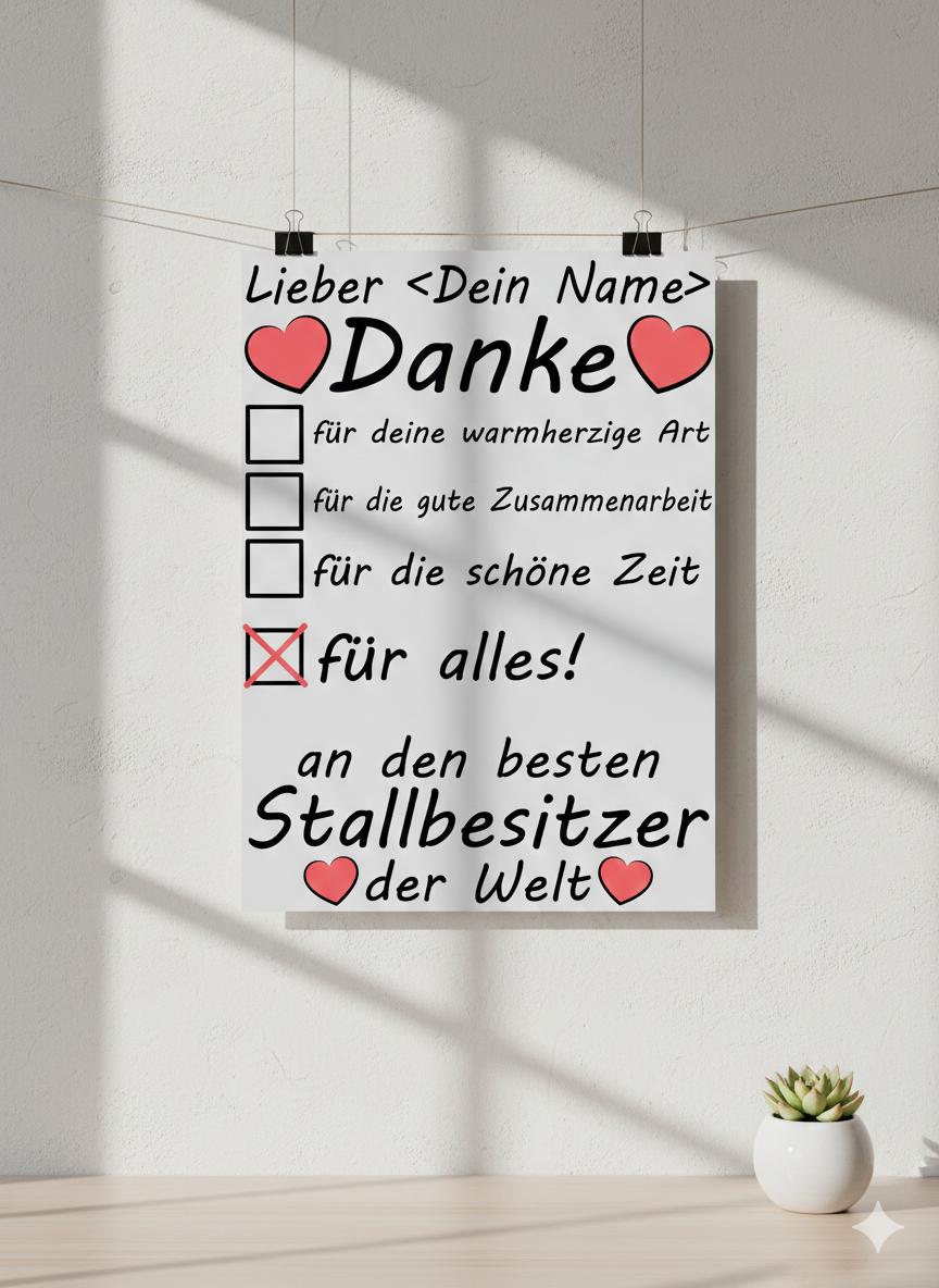 Poster Stallbesitzer Danke Geschenk zum Abschied beim Stallwechsel in A3 Galeriequalitaet mit seidenmattem Finish
