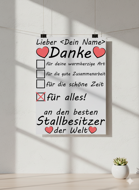 Poster Stallbesitzer Danke Geschenk zum Abschied beim Stallwechsel in A3 Galeriequalitaet mit seidenmattem Finish
