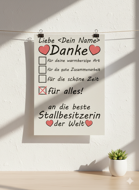 Poster Stallbesitzerin mit Wunschname Danke Geschenk zum Abschied in A3 Galeriequalitaet personalisiert
