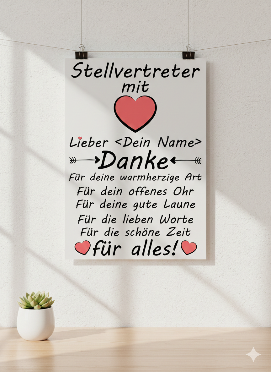 Personalisiertes Poster für Stellvertreter mit Herz-Motiv. Dankeschön-Geschenk mit Name für loyale Stellvertretung, A3