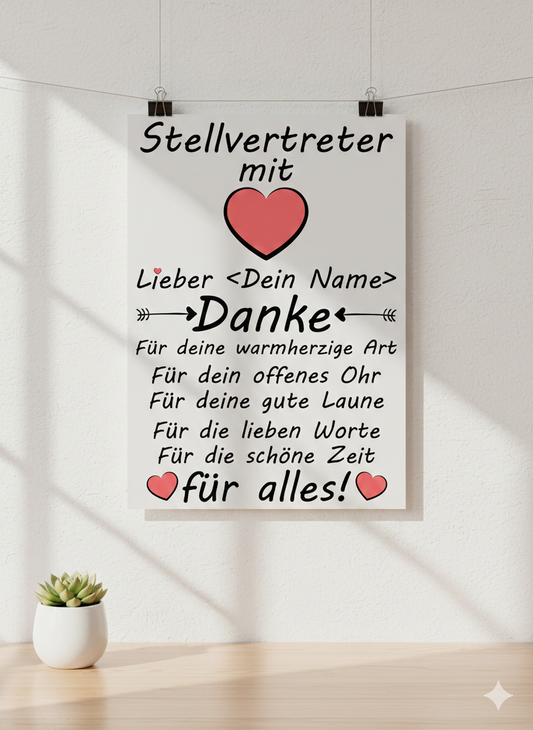 Personalisiertes Poster für Stellvertreter mit Herz-Motiv. Dankeschön-Geschenk mit Name für loyale Stellvertretung, A3