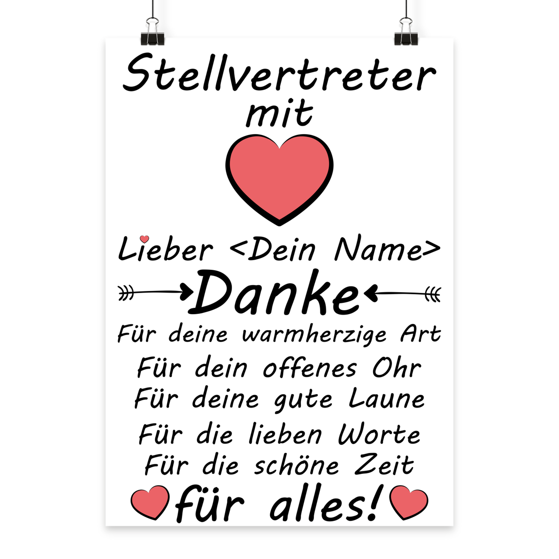 Personalisiertes A3 Poster für Stellvertreter mit Namen. Fine-Art-Print als herzliches Dankeschön für die Stellvertretung
