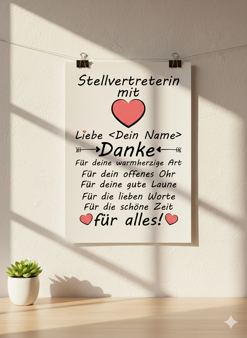 Personalisiertes A3 Poster für Stellvertreterin mit Herz-Motiv. Dankeschön-Geschenk mit Name für loyale Unterstützung