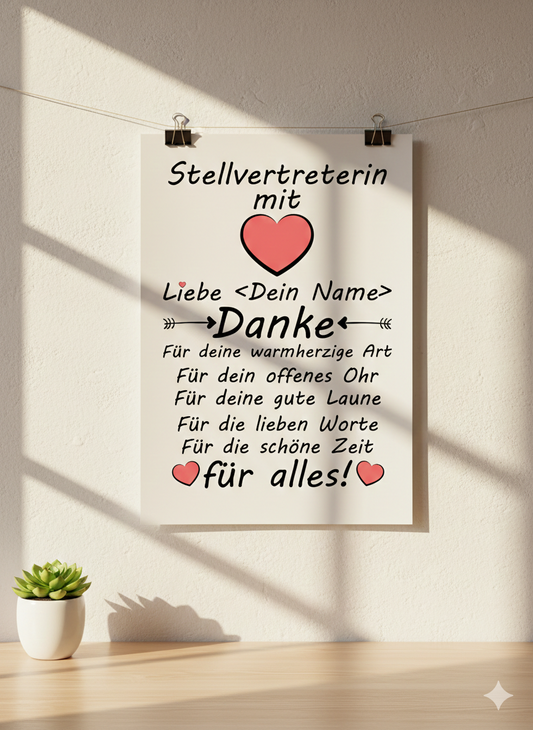 Personalisiertes A3 Poster für Stellvertreterin mit Herz-Motiv. Dankeschön-Geschenk mit Name für loyale Unterstützung
