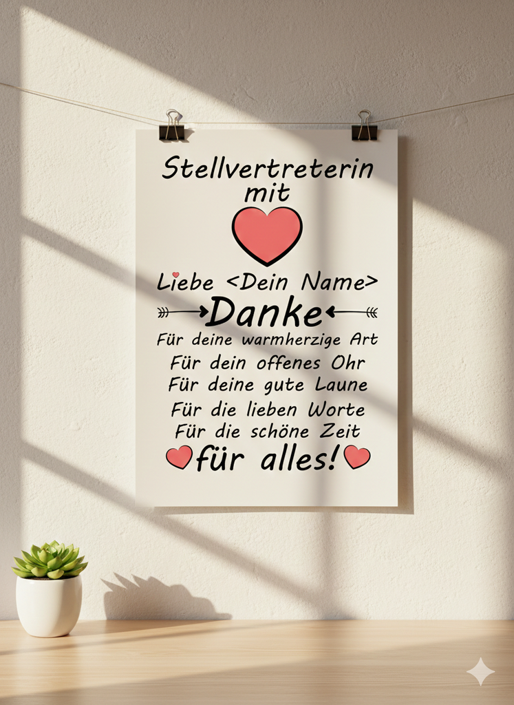 Personalisiertes A3 Poster für Stellvertreterin mit Herz-Motiv. Dankeschön-Geschenk mit Name für loyale Unterstützung