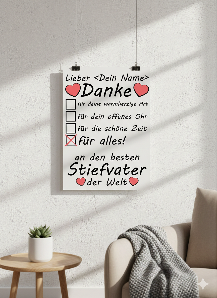 Personalisiertes Danke sagen -Poster fuer Stiefvater zum Vatertag, DIN A3 Galeriequalitaet, emotionales Geschenk Namen
