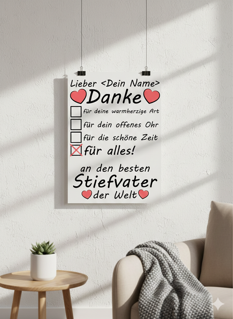 Personalisiertes Danke sagen -Poster fuer Stiefvater zum Vatertag, DIN A3 Galeriequalitaet, emotionales Geschenk Namen
