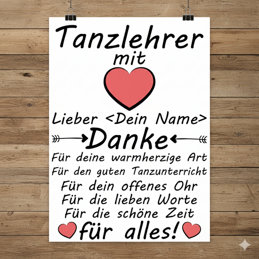 personalisiertes A3 Poster für Tanzlehrer mit Namen. Fine-Art-Print als herzliches Dankeschön-Geschenk zum Abschied
