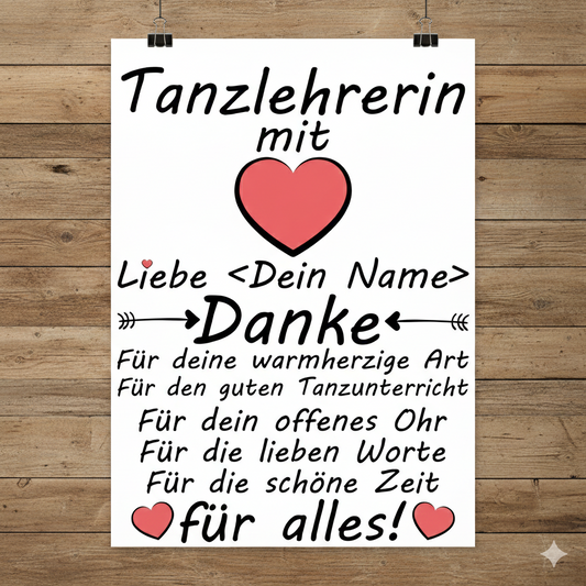 Personalisiertes A3 Poster für Tanzlehrerin mit Namen. Fine-Art-Print als herzliches Dankeschön-Geschenk zum Abschied