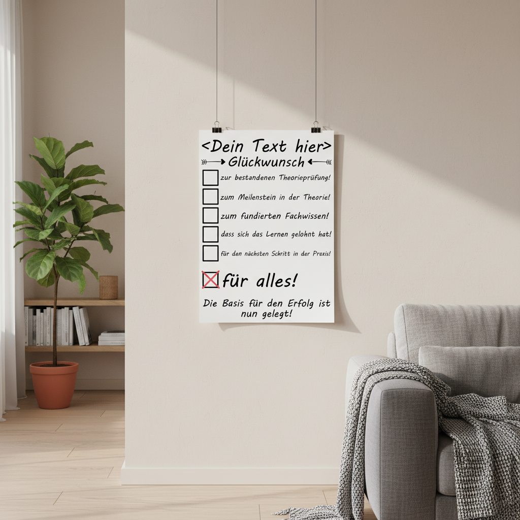 Theorieprüfungs-Poster im Personalisiertes A3 Poster zur bestandenen Theorieprüfung mit Namen. Fine-Art-Print als Geschenk für Fahrschüler.