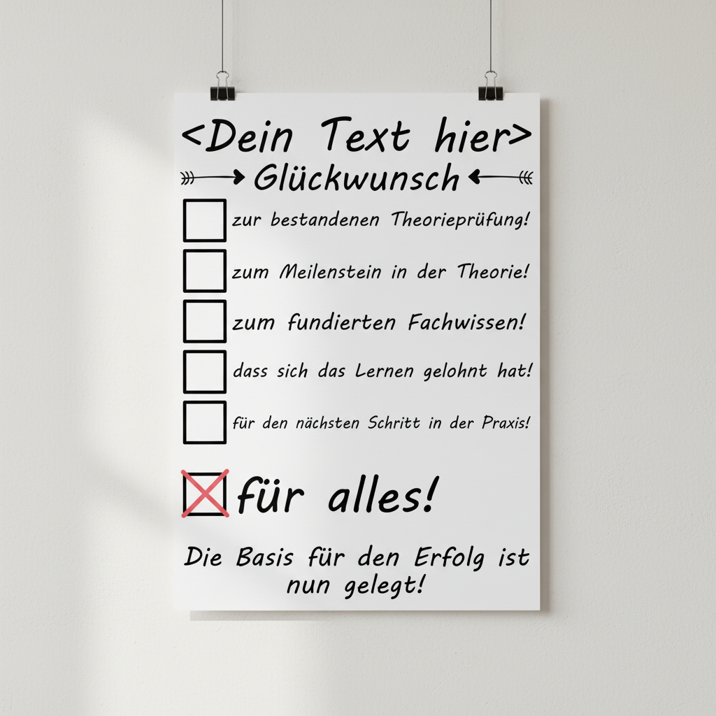 Personalisiertes Poster zur bestandenen Theoriepruefung mit Wunschname, Fine-Art-Print DIN A3 als Geschenk fuer Fahrschueler