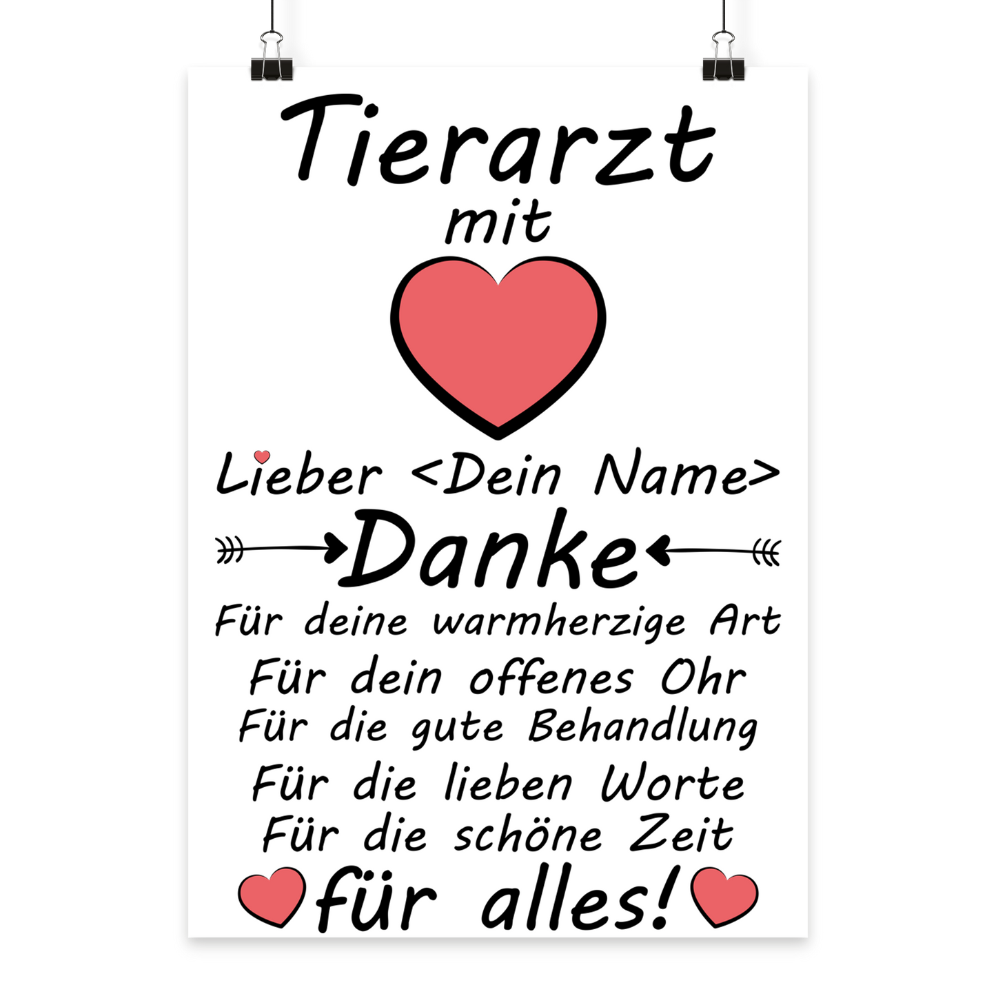 Personalisiertes Poster fuer Tieraerztin mit Herz-Design als Abschiedsgeschenk und Dankeschoen, Premium A3 Druck in Galeriequalitaet