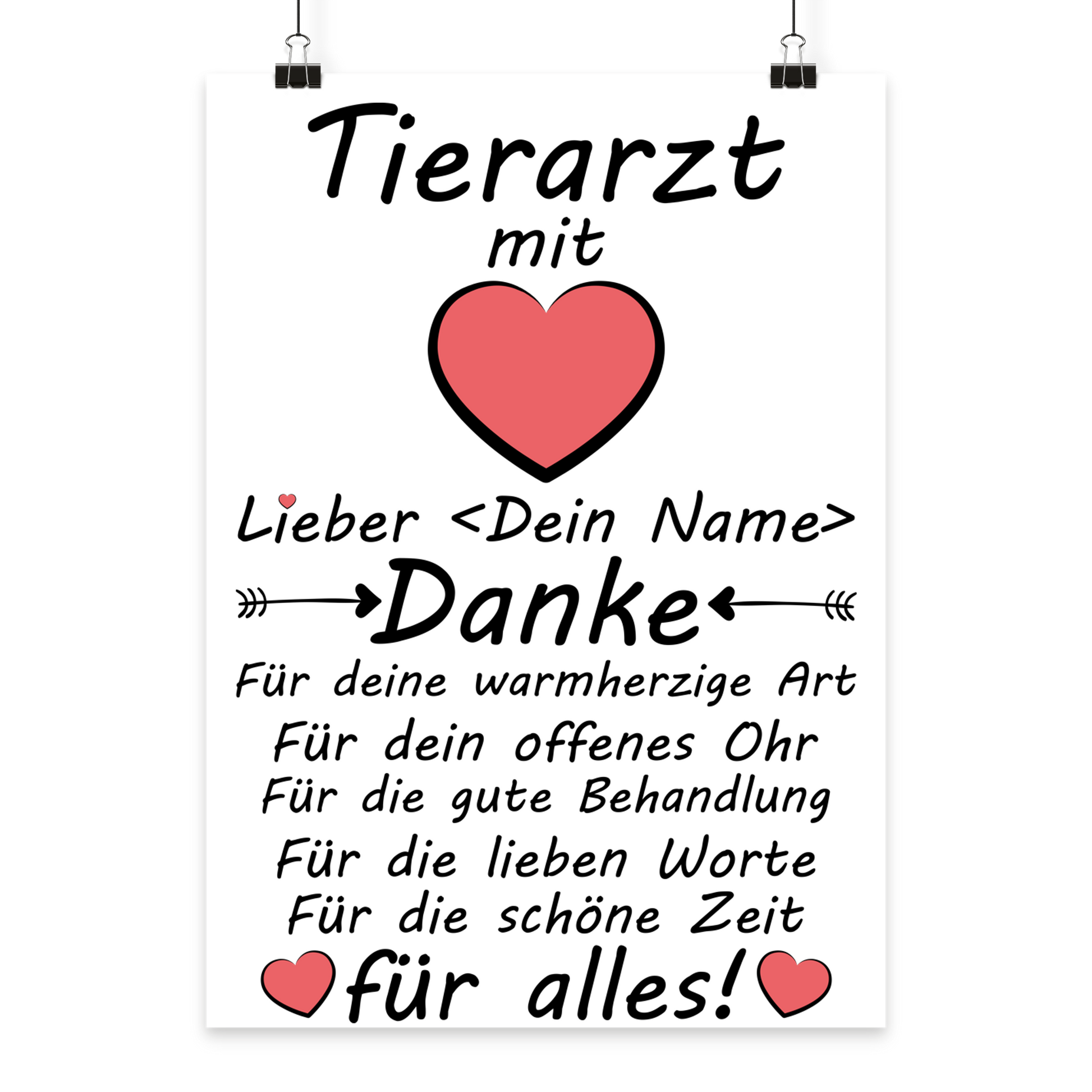 Personalisiertes Poster fuer Tieraerztin mit Herz-Design als Abschiedsgeschenk und Dankeschoen, Premium A3 Druck in Galeriequalitaet
