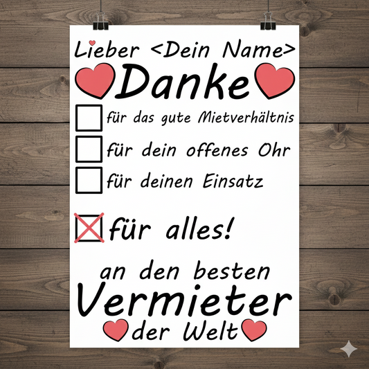 Personalisiertes A3 Poster für Vermieter zum Auszug. Fine-Art-Print mit Namen als herzliches Abschiedsgeschenk