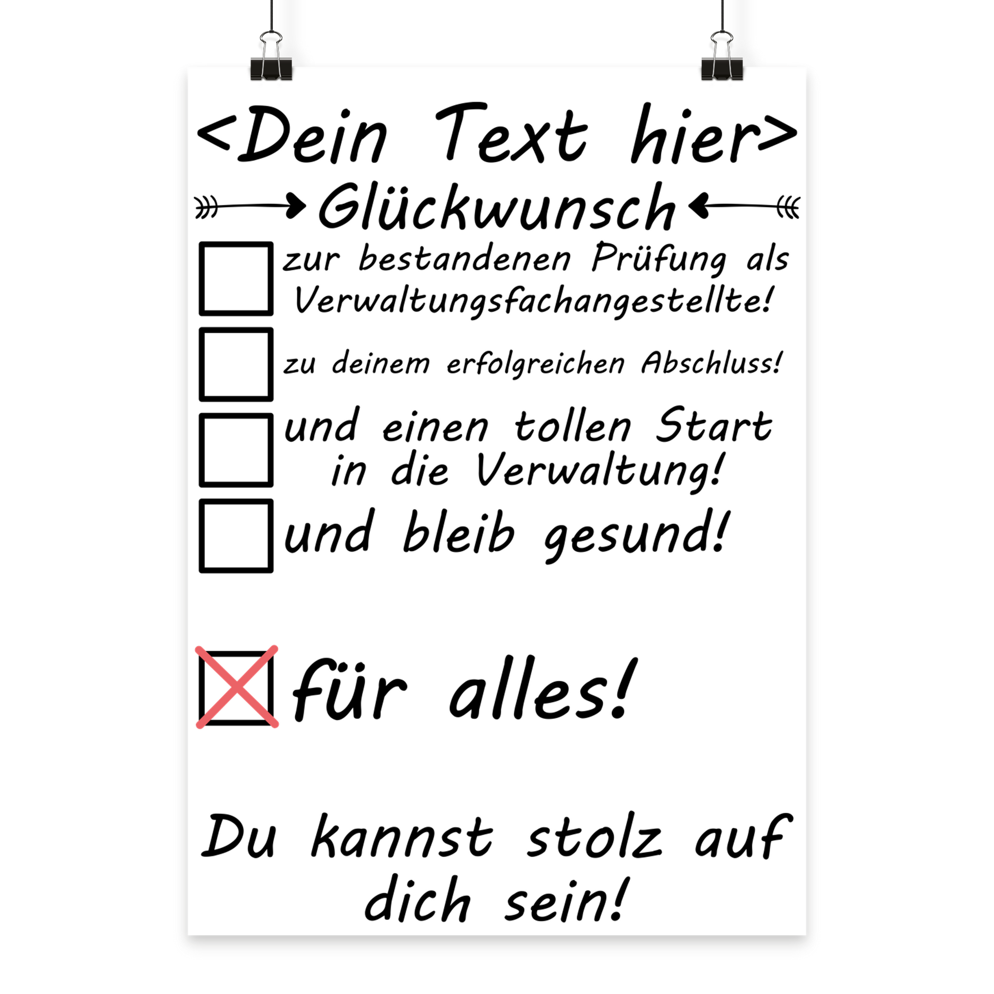 Hochwertiges Poster fuer Verwaltungsfachangestellte zum Pruefungsabschluss mit personalisiertem Text in Galeriequalitaet

