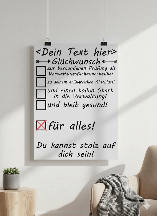 Personalisiertes Poster fuer Verwaltungsfachangestellte zur bestandenen Pruefung mit Wunschtext in DIN A3 Galeriequalitaet