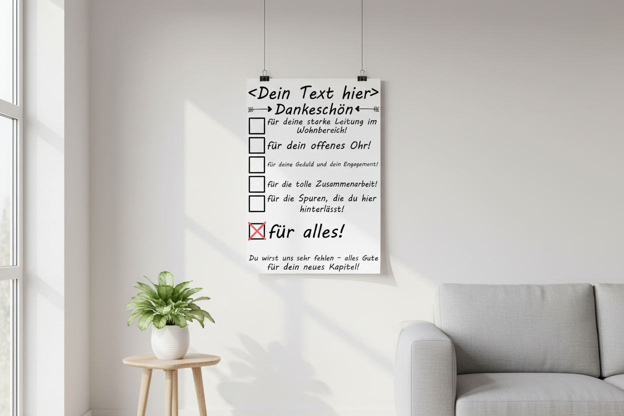 Edles A3 Poster für Wohnbereichsleitung mit Namen. Premium-Druck als persönliches Dankeschön-Geschenk zum Abschied vom Team.