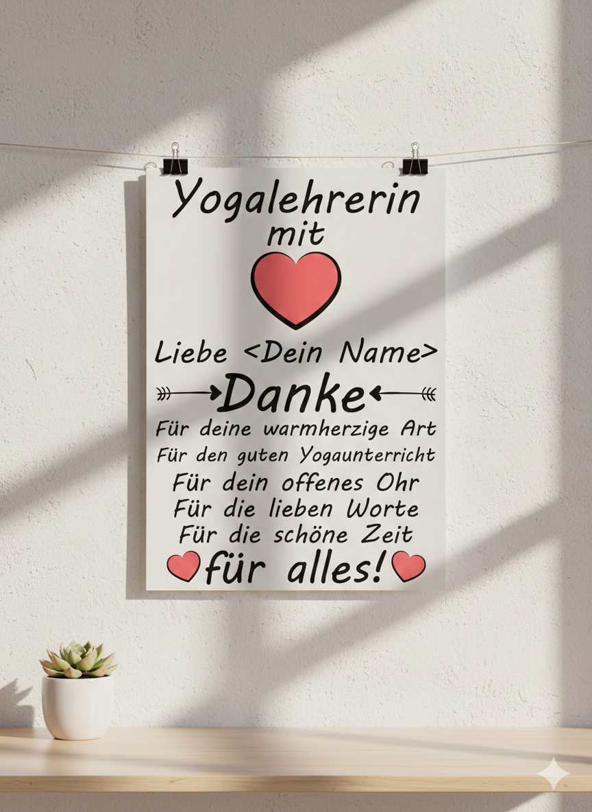 Poster Yogalehrerin Danke Geschenk zum Abschied nach Yoga Kurs in A3 Galeriequalitaet mit seidenmattem Finish
