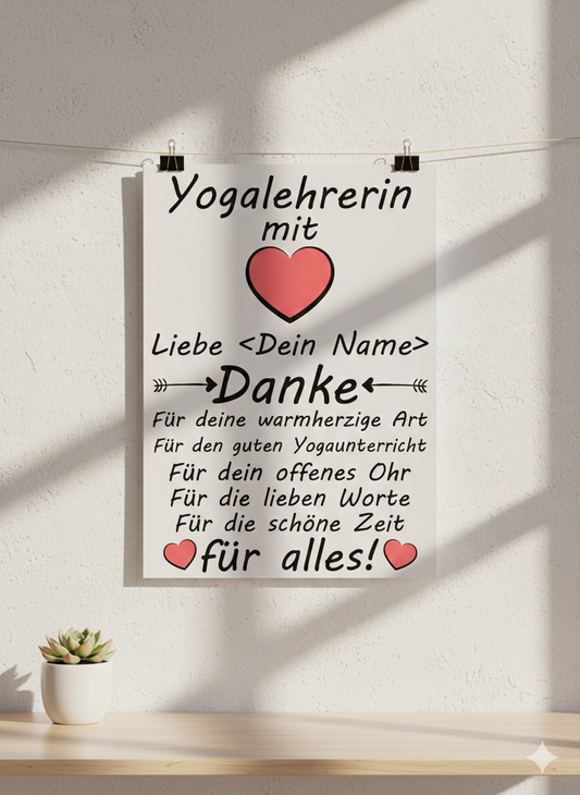 Poster Yogalehrerin Danke Geschenk zum Abschied nach Yoga Kurs in A3 Galeriequalitaet mit seidenmattem Finish

