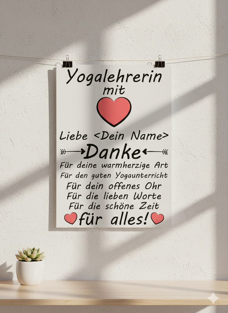 Poster Yogalehrerin Danke Geschenk zum Abschied nach Yoga Kurs in A3 Galeriequalitaet mit seidenmattem Finish
