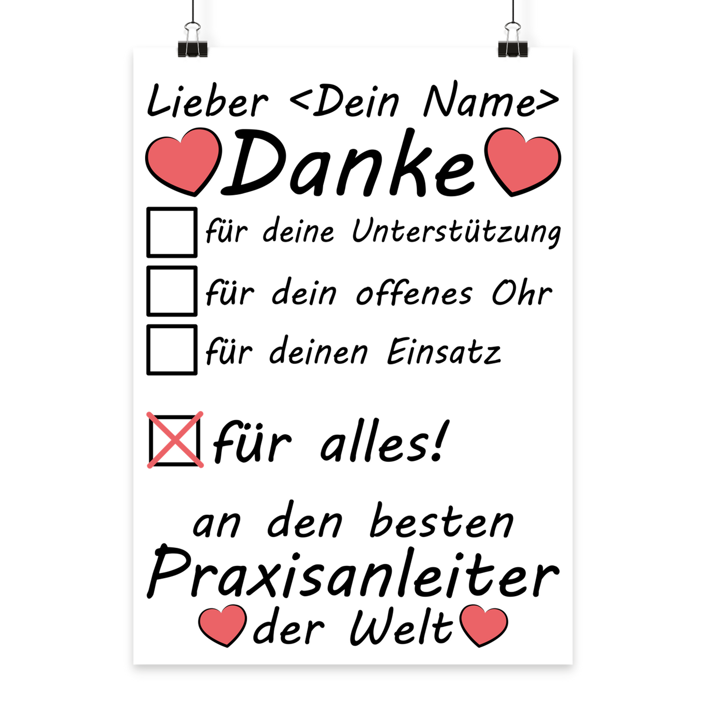 Personalisiertes Poster fuer Praxisanleiter mit Herzmotiv und Wunschnamen, ideales Abschiedsgeschenk nach Ausbildung, Praktikum oder Examen in Pflege und Gesundheitsberufen