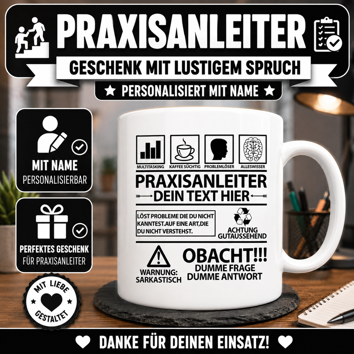 Personalisierte Tasse für Praxisanleiter mit Name und lustigem Spruch – originelles Geschenk für Praxisanleiter und Praxisanleitung in der Pflege.