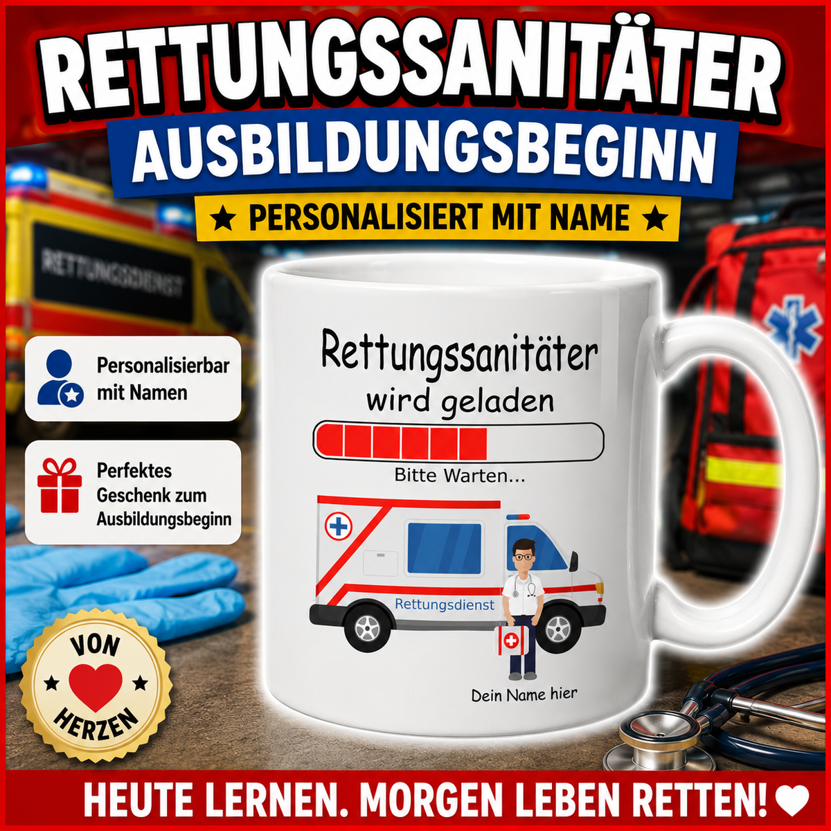 Rettungssanitäter Geschenk zum Ausbildungsbeginn – personalisierte Tasse mit Rettungsdienst-Motiv und Namen als Geschenk für angehende Rettungssanitäter und Notfallsanitäter.