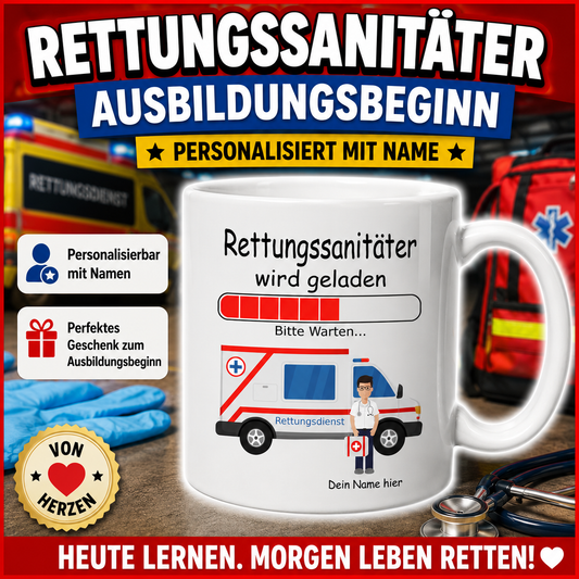 Rettungssanitäter Geschenk zum Ausbildungsbeginn – personalisierte Tasse mit Rettungsdienst-Motiv und Namen als Geschenk für angehende Rettungssanitäter und Notfallsanitäter.